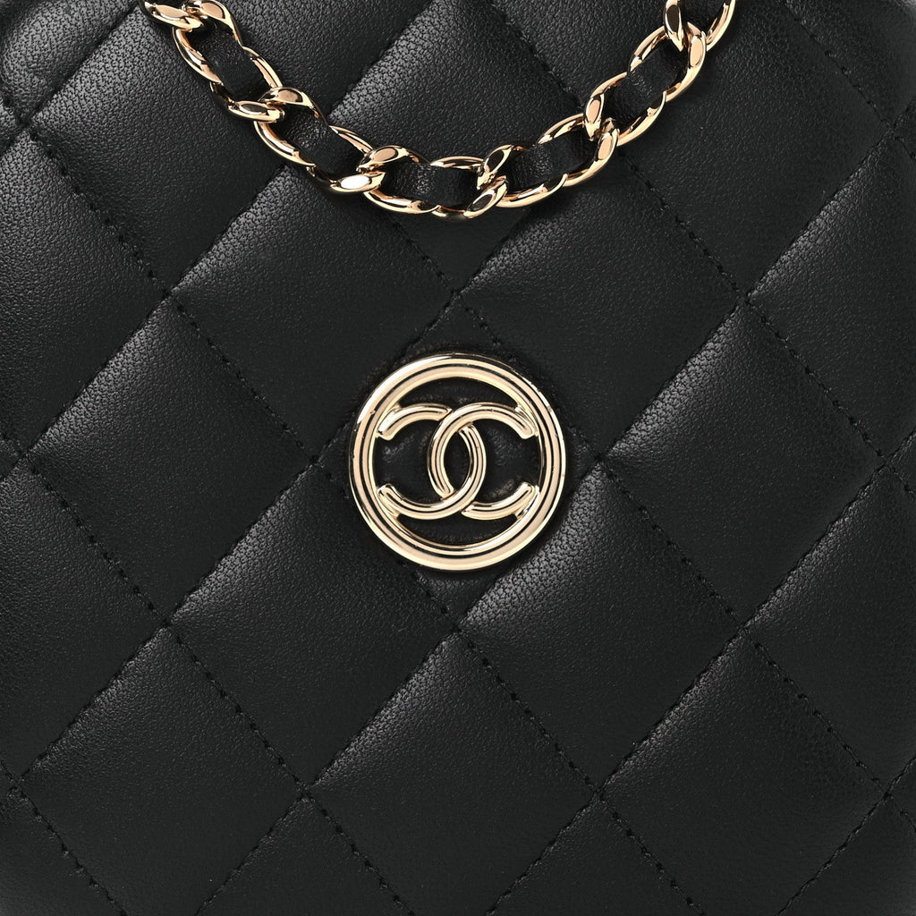 Chanel Lambskin Quilted Compact Vanity Case Purse With Chain Black