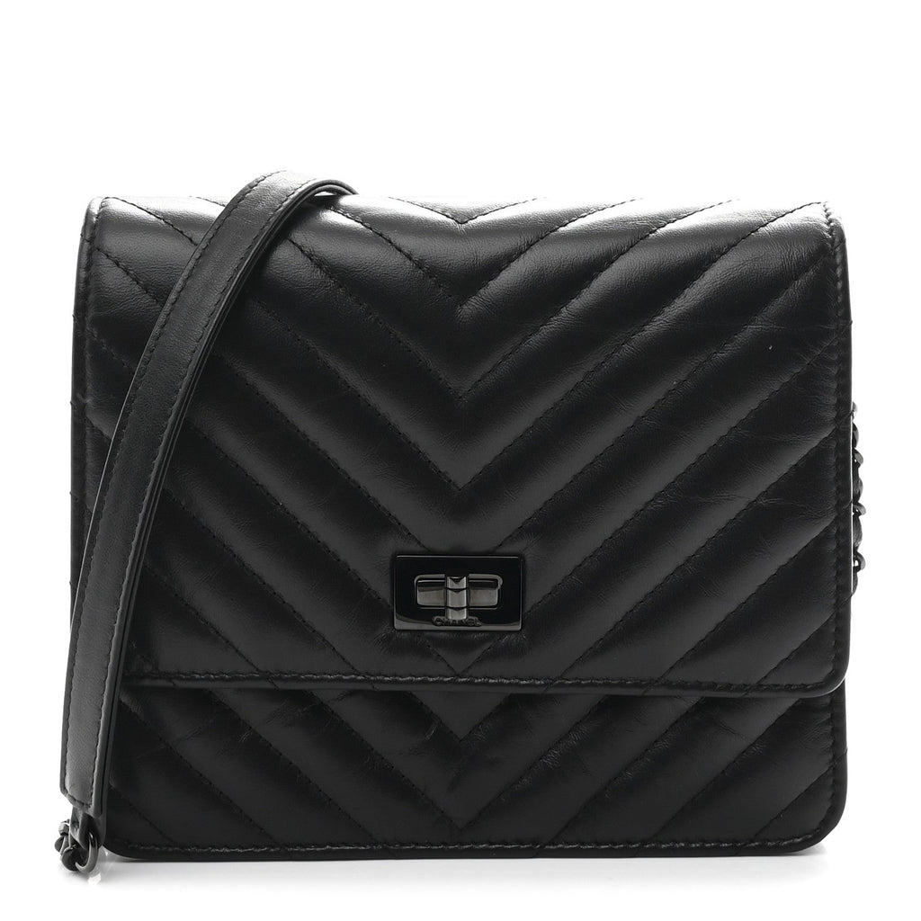 Chanel Aged Calfskin Chevron Quilted Reissue 2.55 Square Wallet On Chain WOC So Black