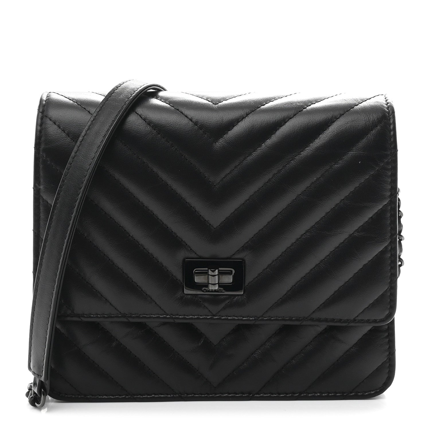 Chanel Aged Calfskin Chevron Quilted Reissue 2.55 Square Wallet On Chain WOC So Black