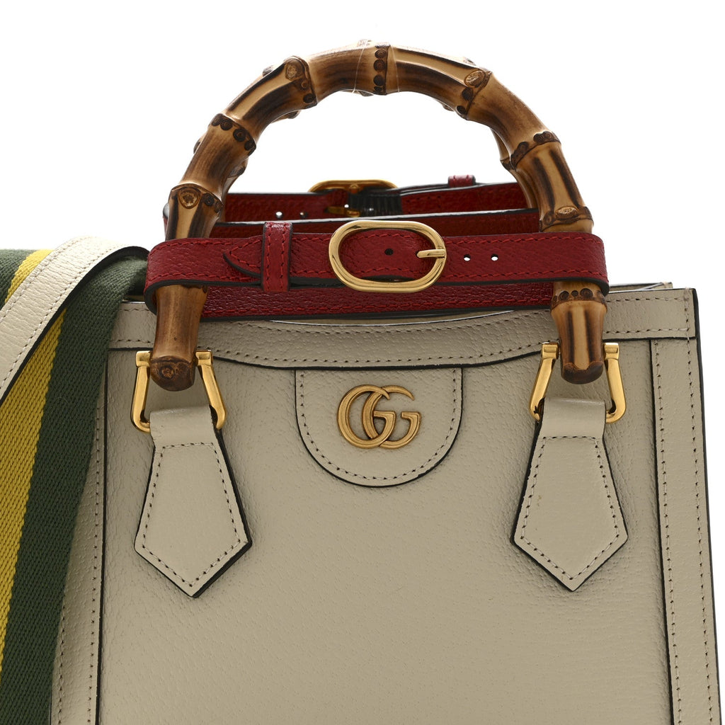 Gucci Textured Dollar Calfskin Web Mini Diana Tote Bag Mystic White