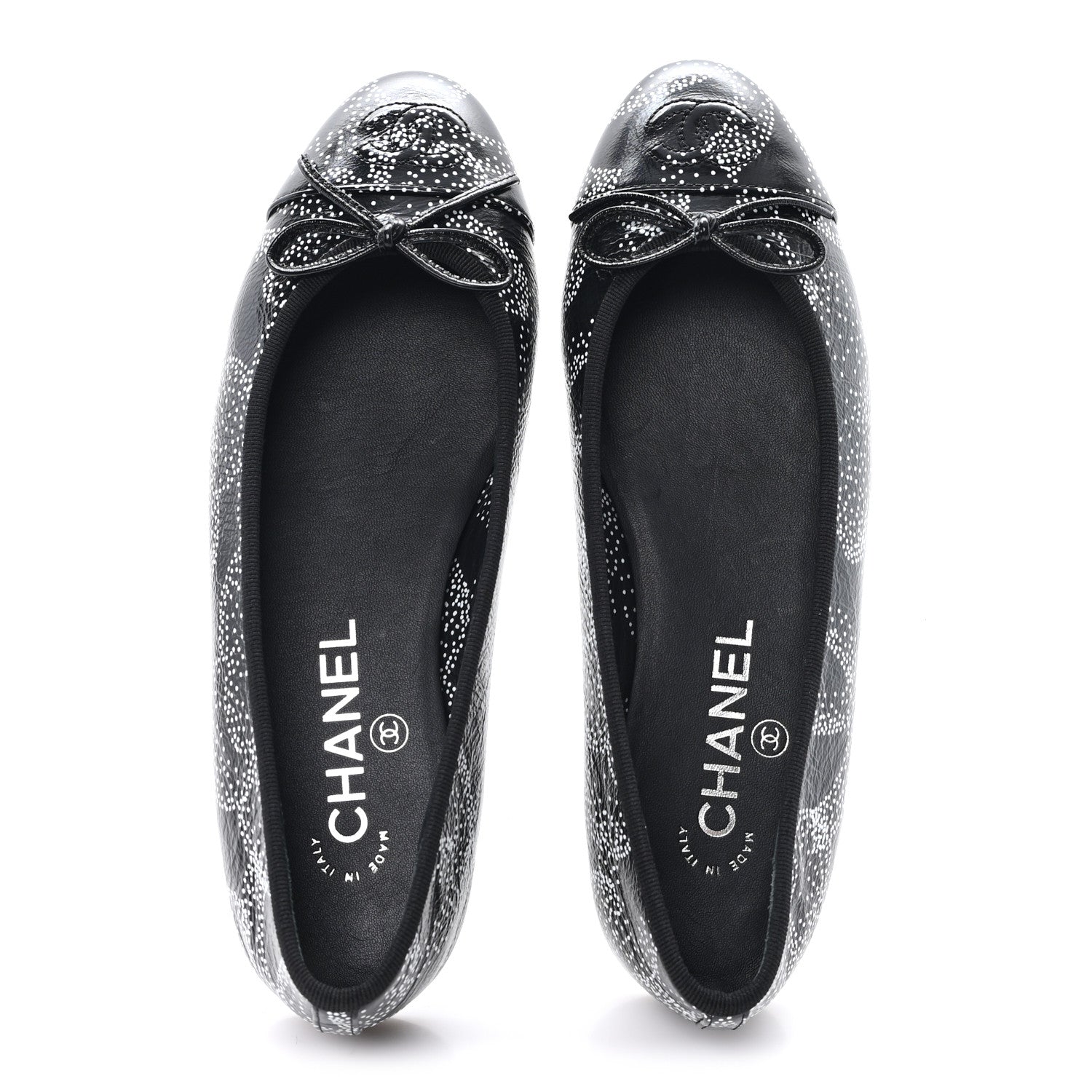 Calfskin Camellia Printed Cap Toe Ballerina Flats 36.5 Black White