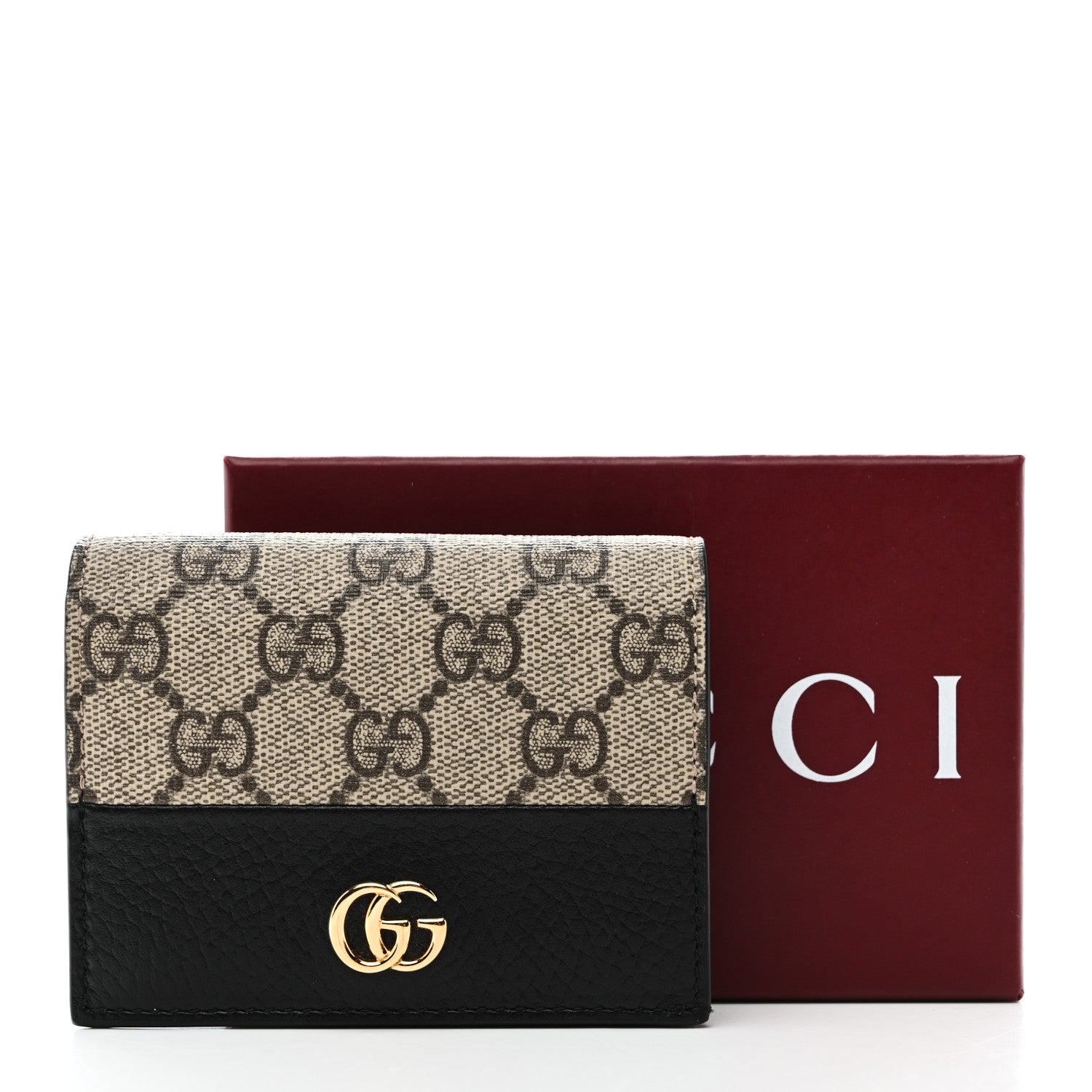 Gucci Dollar Calfskin GG Supreme Monogram GG Marmont Card Case Black Beige Ebony