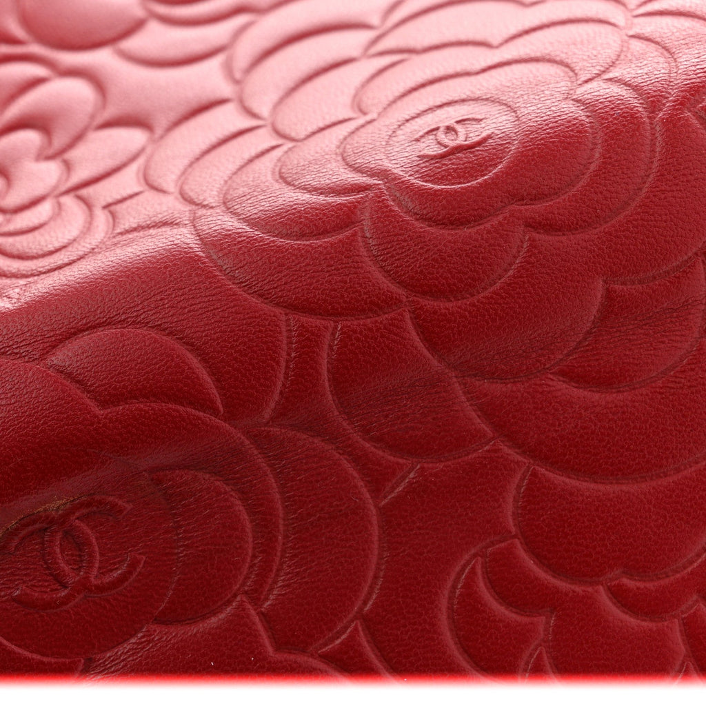 Chanel Lambskin Camellia Embossed Wallet On Chain WOC Red