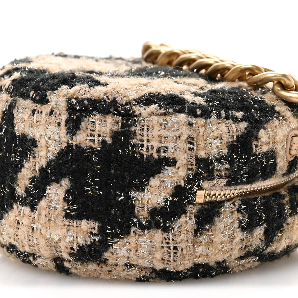 Chanel Wool Tweed Lambskin Quilted Chanel 19 Round Clutch With Chain and Coin Purse Beige Black