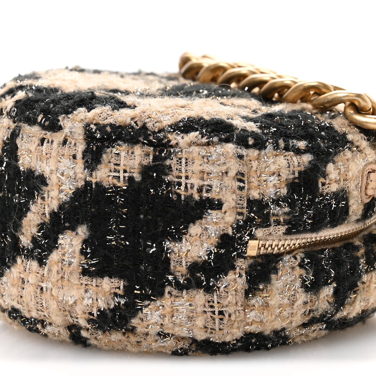 Chanel Wool Tweed Lambskin Quilted Chanel 19 Round Clutch With Chain and Coin Purse Beige Black