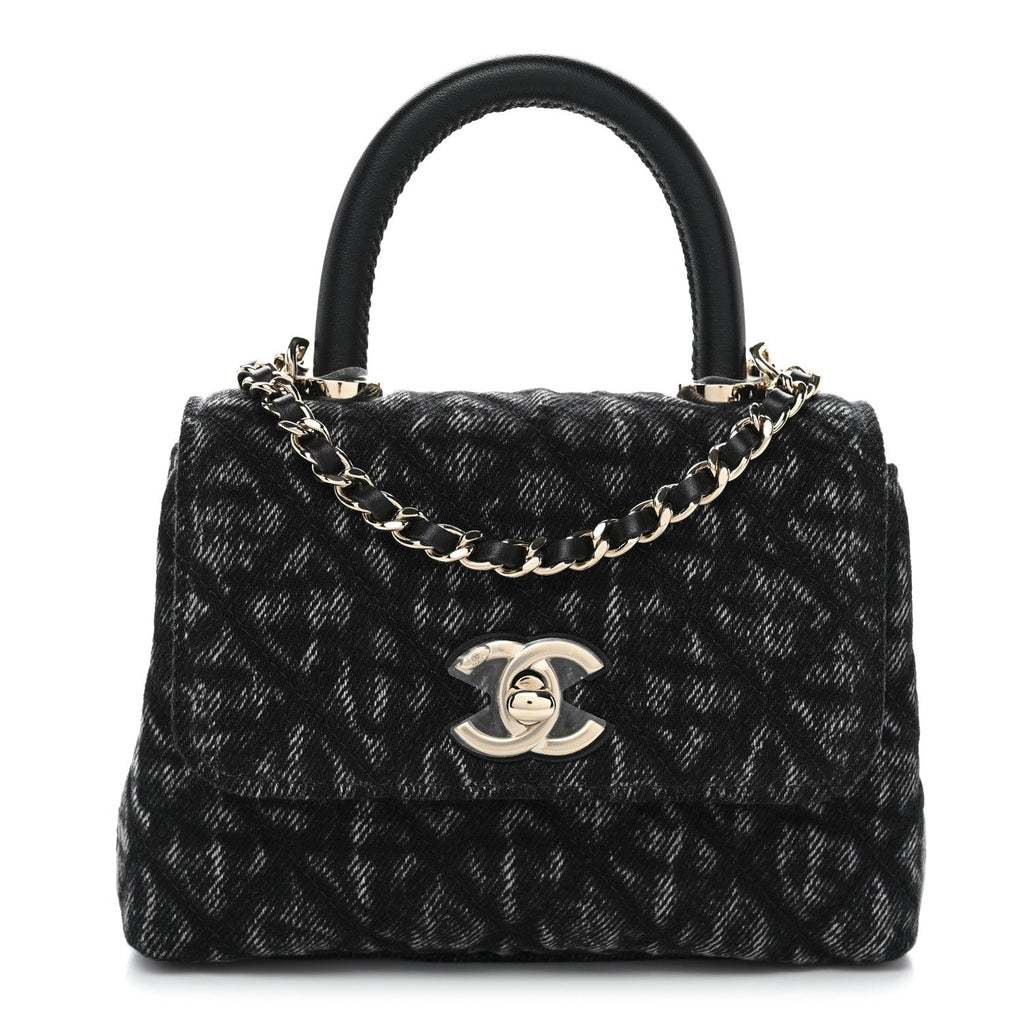 Chanel Washed Denim Quilted Coco Handle Clutch With Chain Black