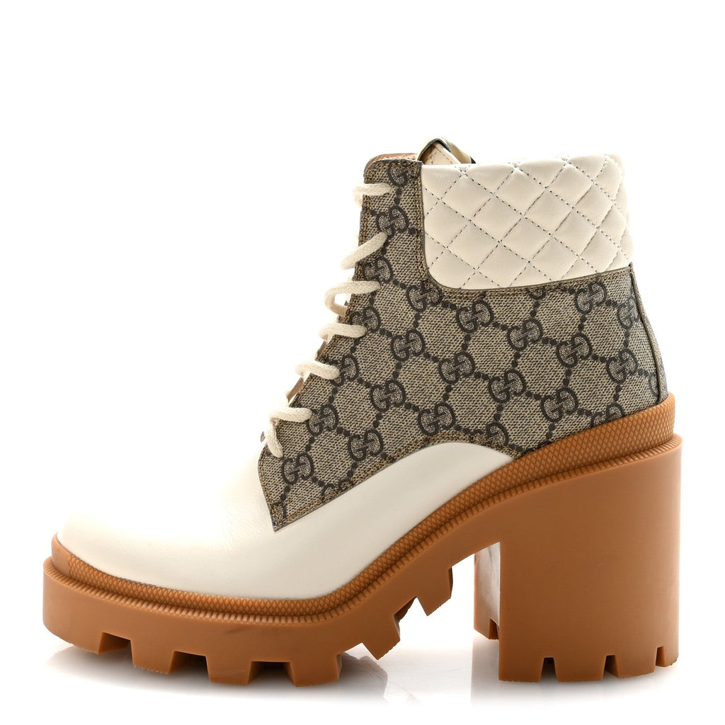 Gucci Apollo Calfskin GG Supreme Nappa Samoa Quilted Lace Up Ankle Boots 40 Mystic White Beige Ebony