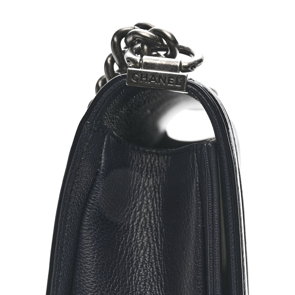 Chanel Goatskin Quilted Patent Medium Duo Boy Flap Dark Blue