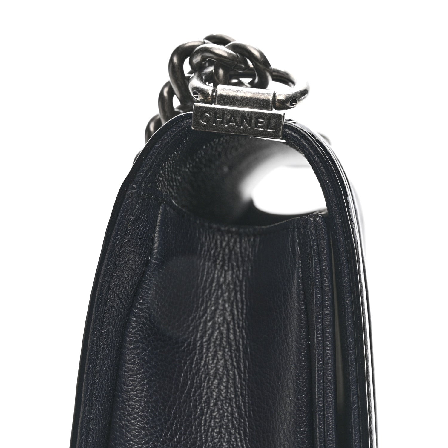 Chanel Goatskin Quilted Patent Medium Duo Boy Flap Dark Blue