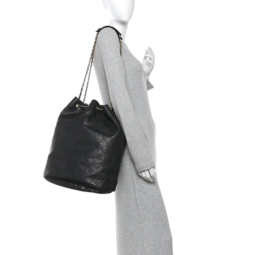 Chanel Grained Calfskin Quilted Drawstring Bucket Bag Black