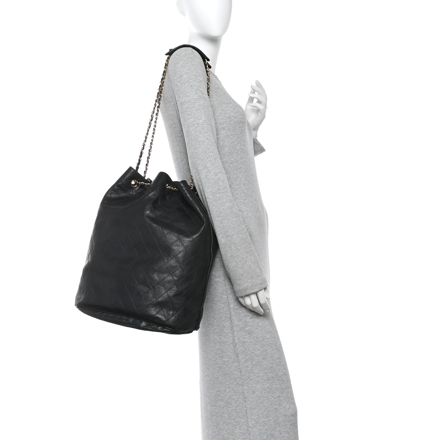 Chanel Grained Calfskin Quilted Drawstring Bucket Bag Black