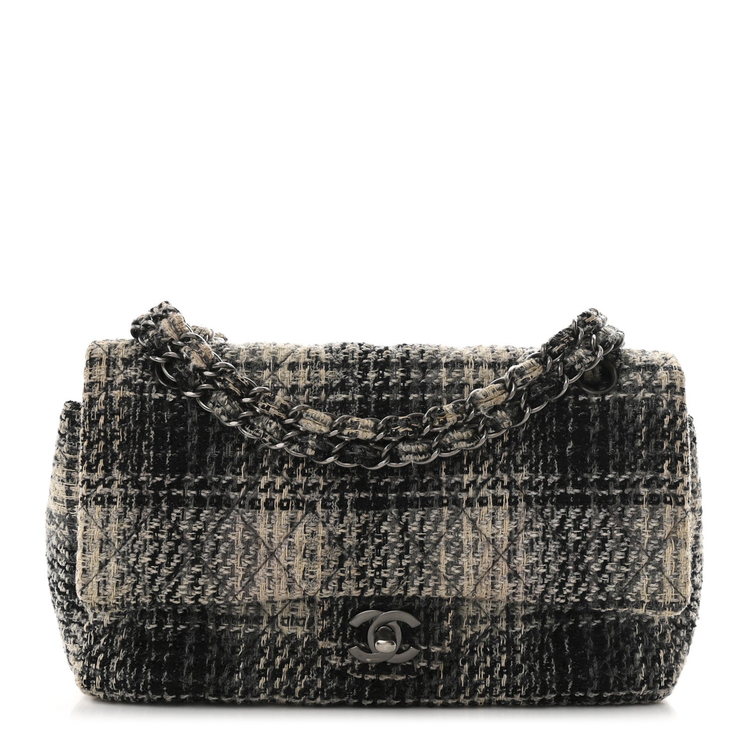 Chanel Tweed Quilted Medium Double Flap Beige White Black