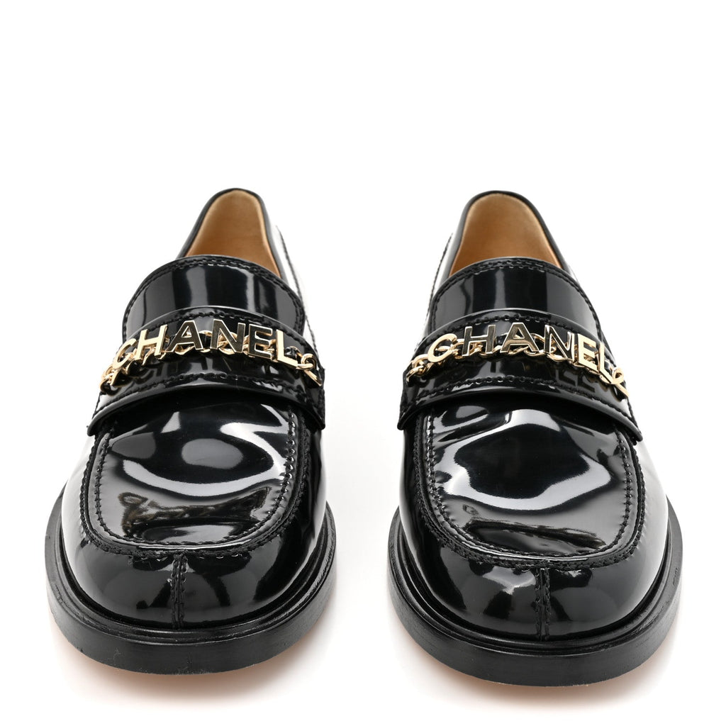 Chanel Shiny Calfskin Logo Loafers 39 Black