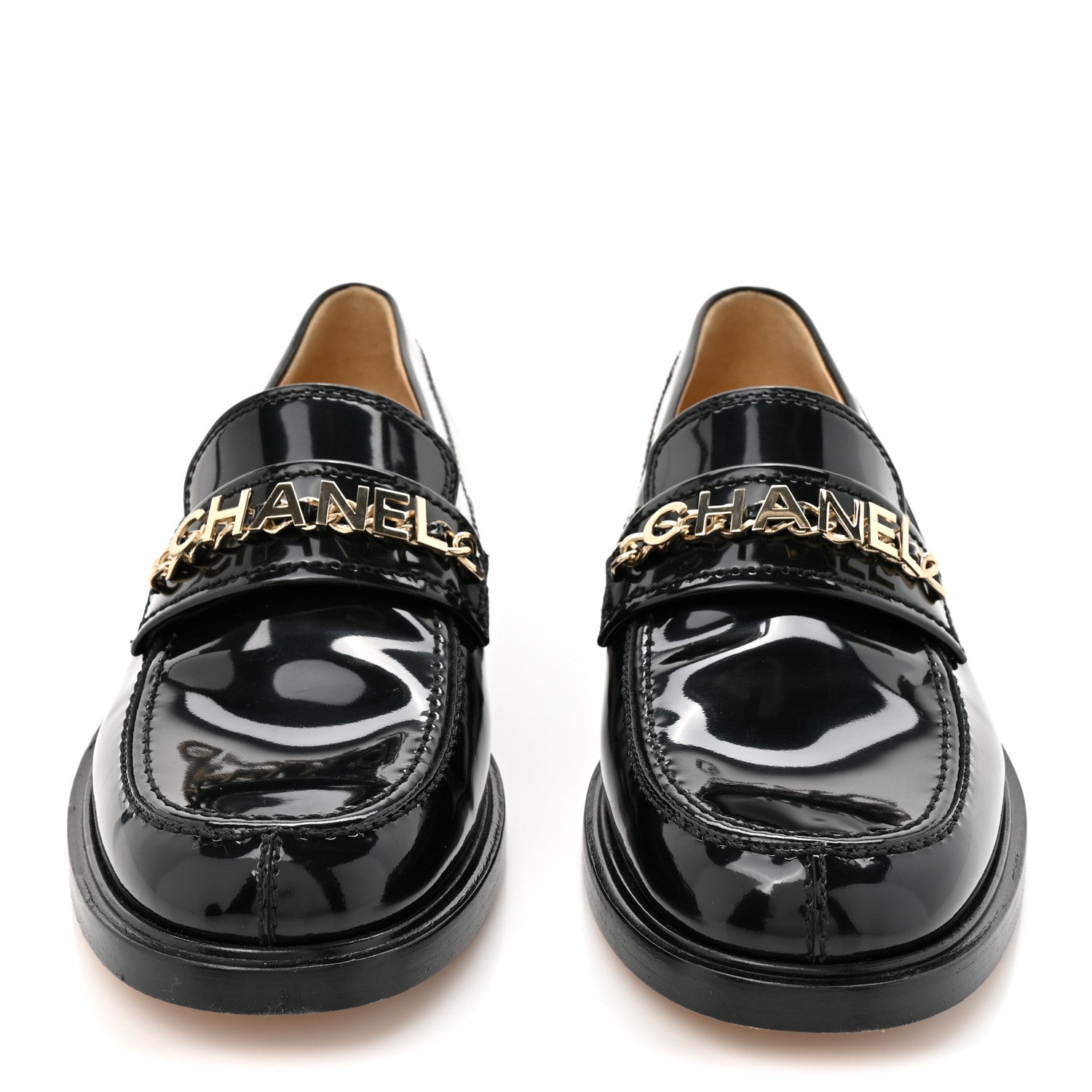 Chanel Shiny Calfskin Logo Loafers 39 Black