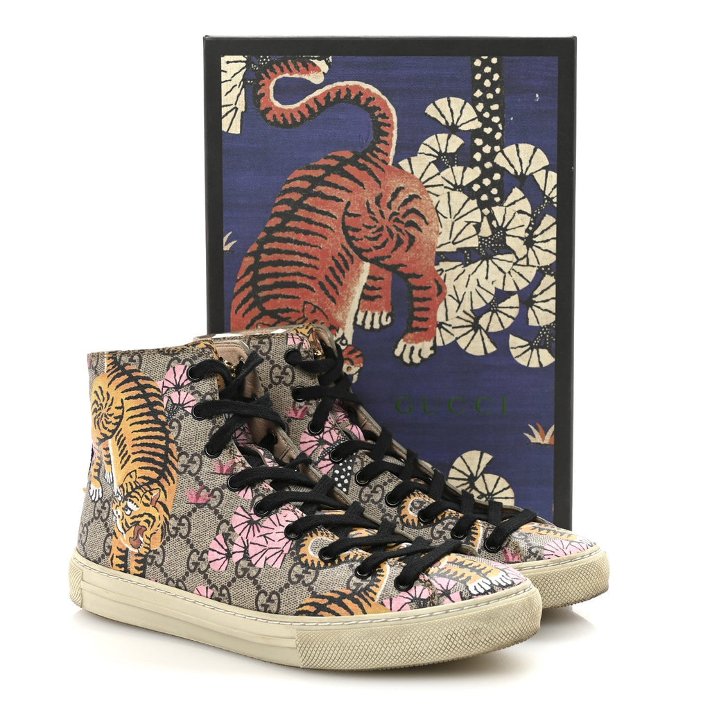 Gucci GG Supreme Monogram Bengal Pearl Womens High Top Sneakers 38 Beige Pink