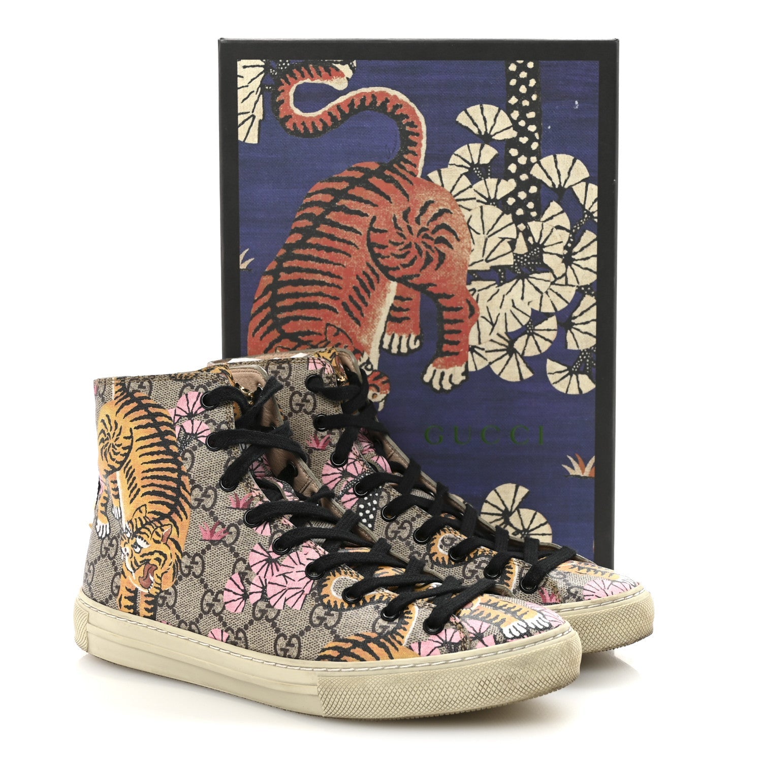 Gucci GG Supreme Monogram Bengal Pearl Womens High Top Sneakers 38 Beige Pink