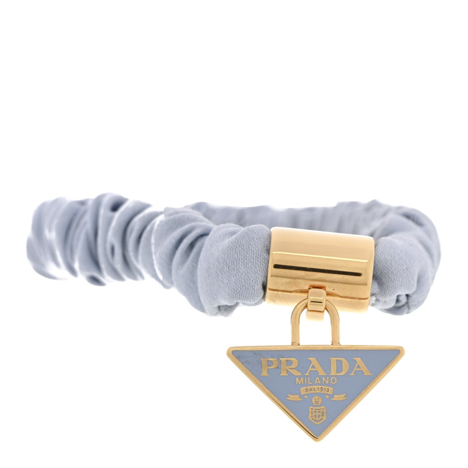 Prada Satin Metal Logo Charm Hair Tie Scrunchie Celeste