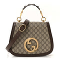 Gucci GG Supreme Monogram Textured Dollar Calfskin Web Medium Blondie Top Handle Shoulder Flap Bag Beige Ebony New Acero