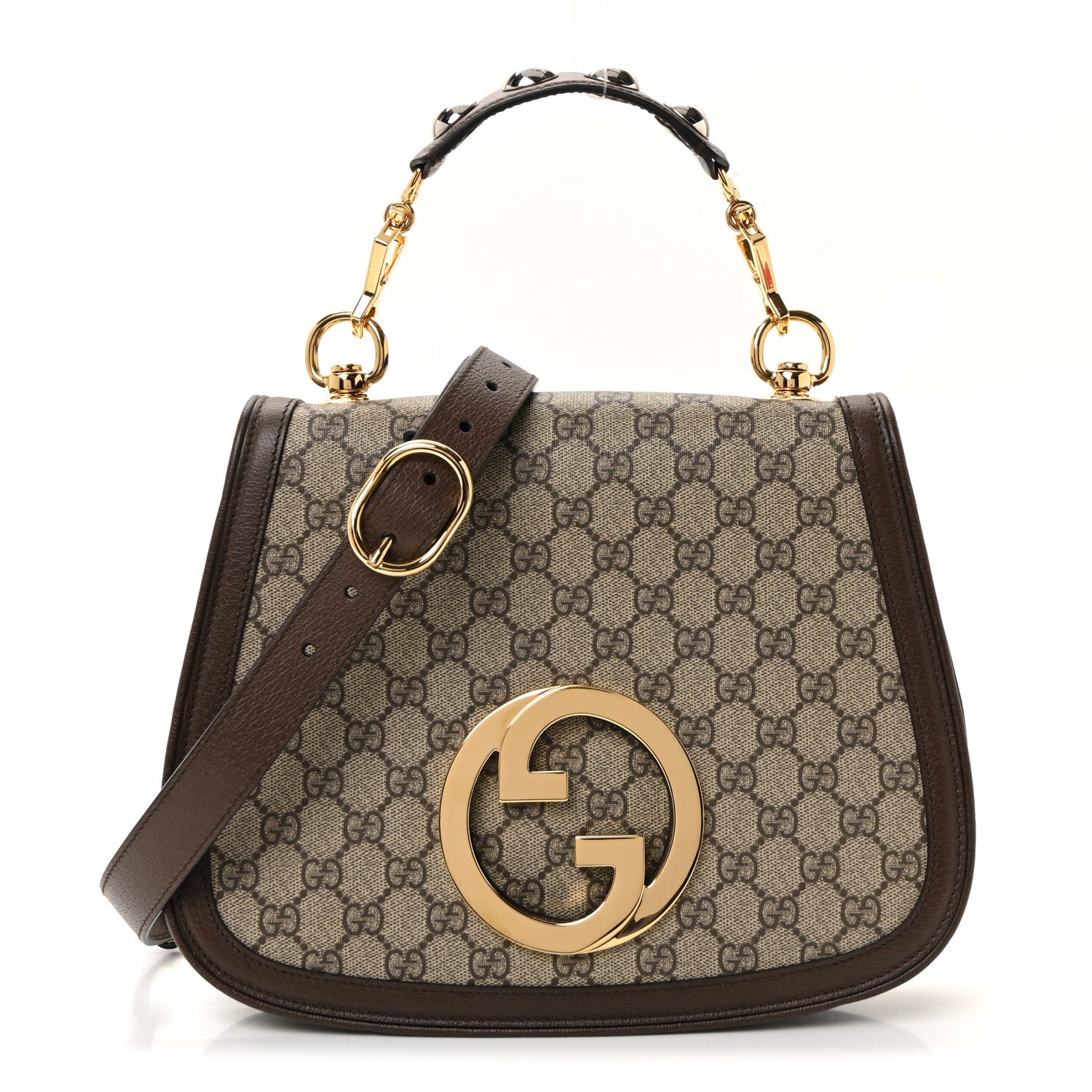 Gucci GG Supreme Monogram Textured Dollar Calfskin Web Medium Blondie Top Handle Shoulder Flap Bag Beige Ebony New Acero