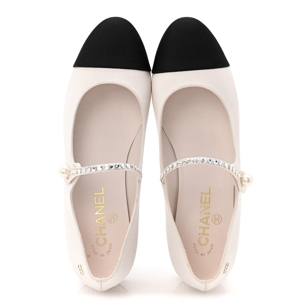 Chanel Strass Satin Grosgrain Mary Jane Flats 38 Ivory Black