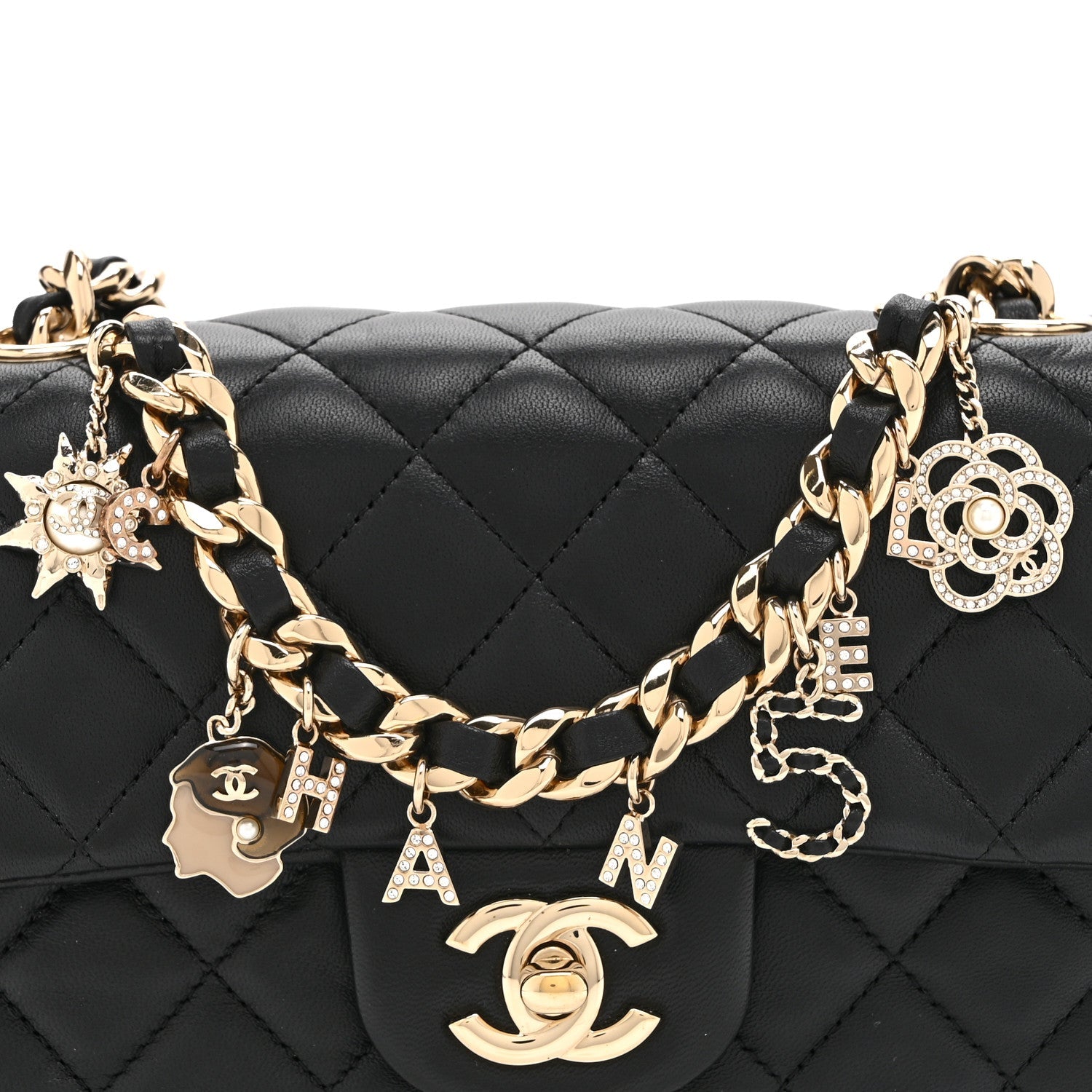 Chanel Lambskin Quilted Mini Coco Charms Rectangular Flap Black