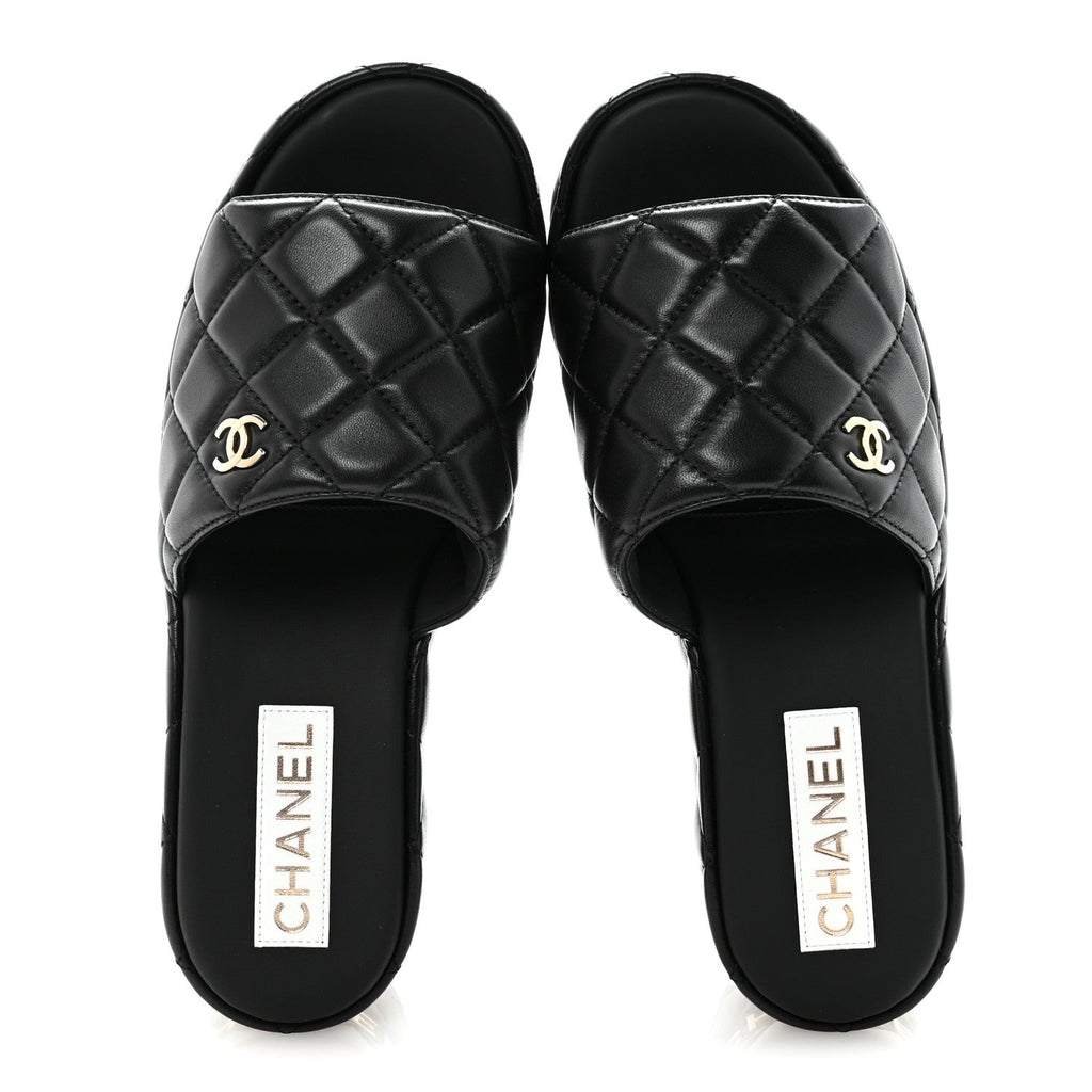 Lambskin Quilted CC Mules Wedge Sandals 37 Black