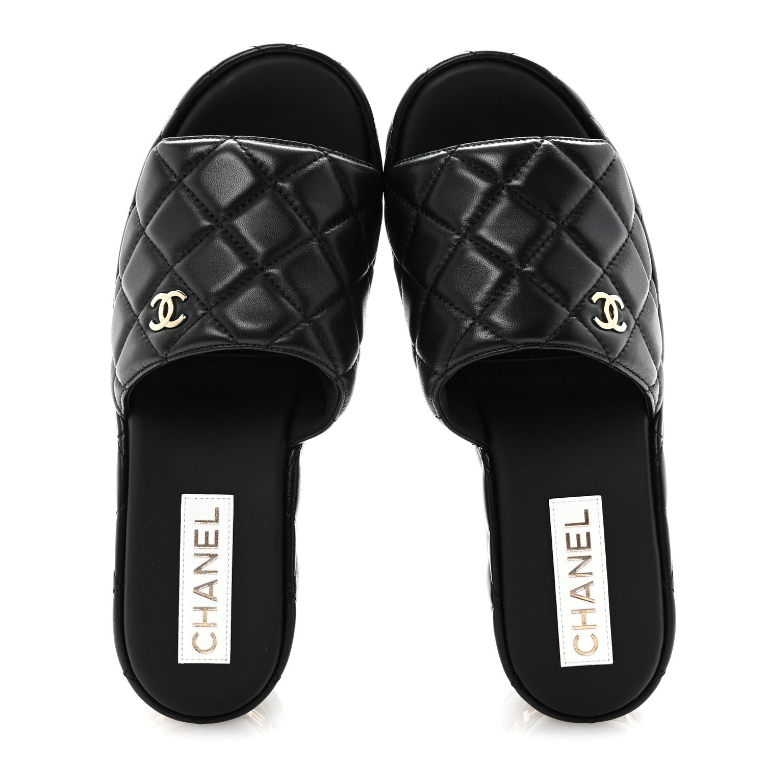 Lambskin Quilted CC Mules Wedge Sandals 37 Black
