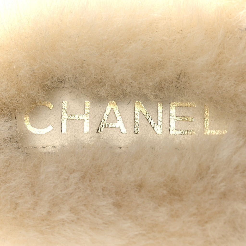Chanel Suede Shearling CC Cap Toe Mules 39 Beige Black