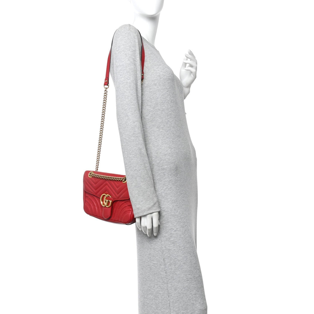 Gucci Calfskin Matelasse Small GG Marmont Shoulder Bag Hibiscus Red