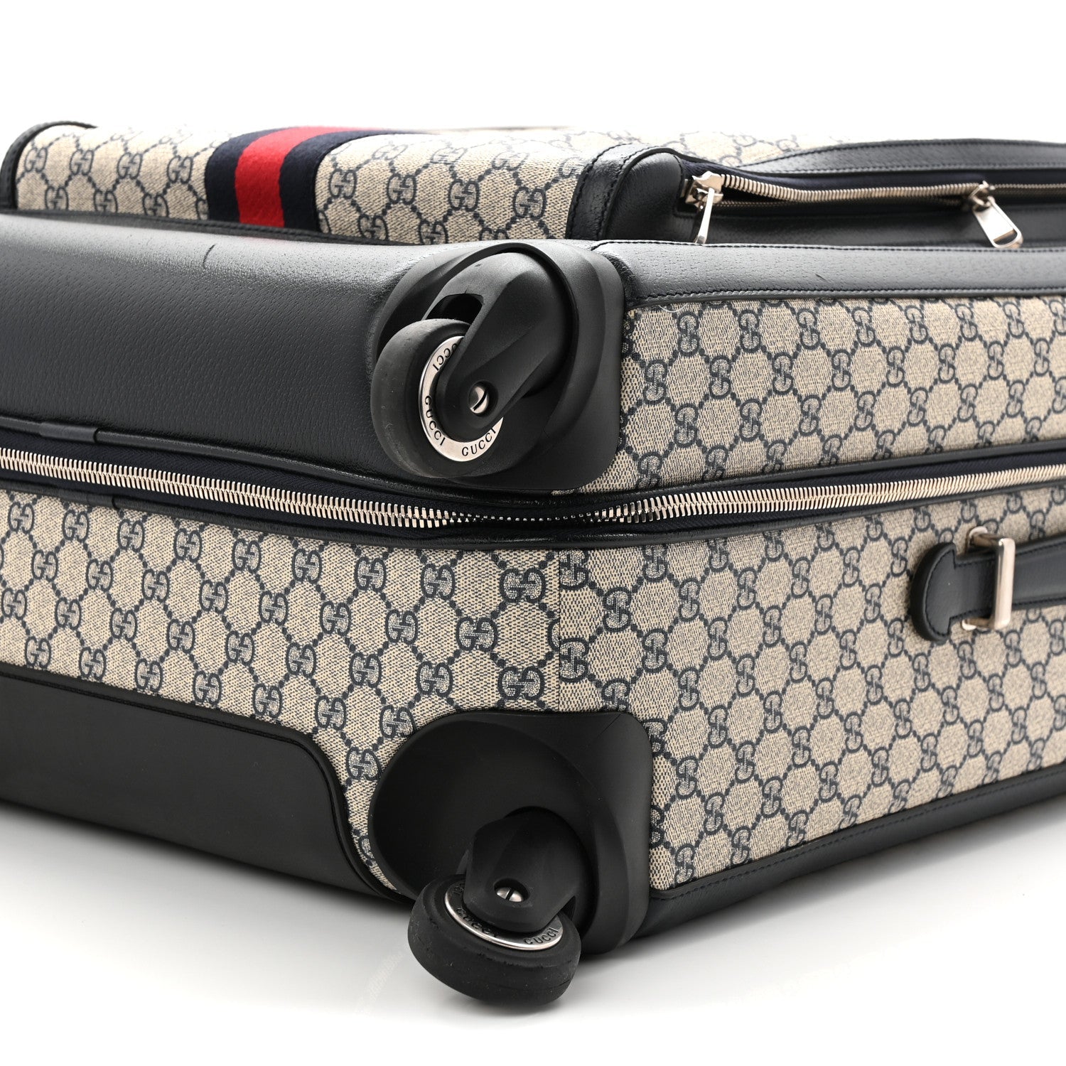 Gucci GG Supreme Monogram Textured Dollar Calfskin Web Large Savoy Trolley Suitcase Beige Blue