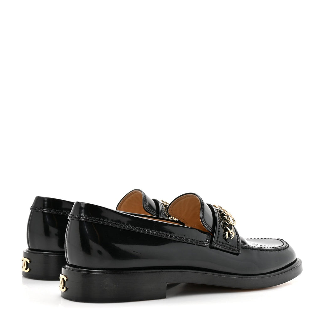 Chanel Shiny Calfskin Logo Loafers 39 Black