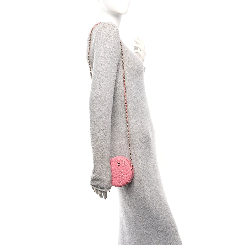 Chanel Caviar Camellia Embossed Round Clutch With Chain Pink