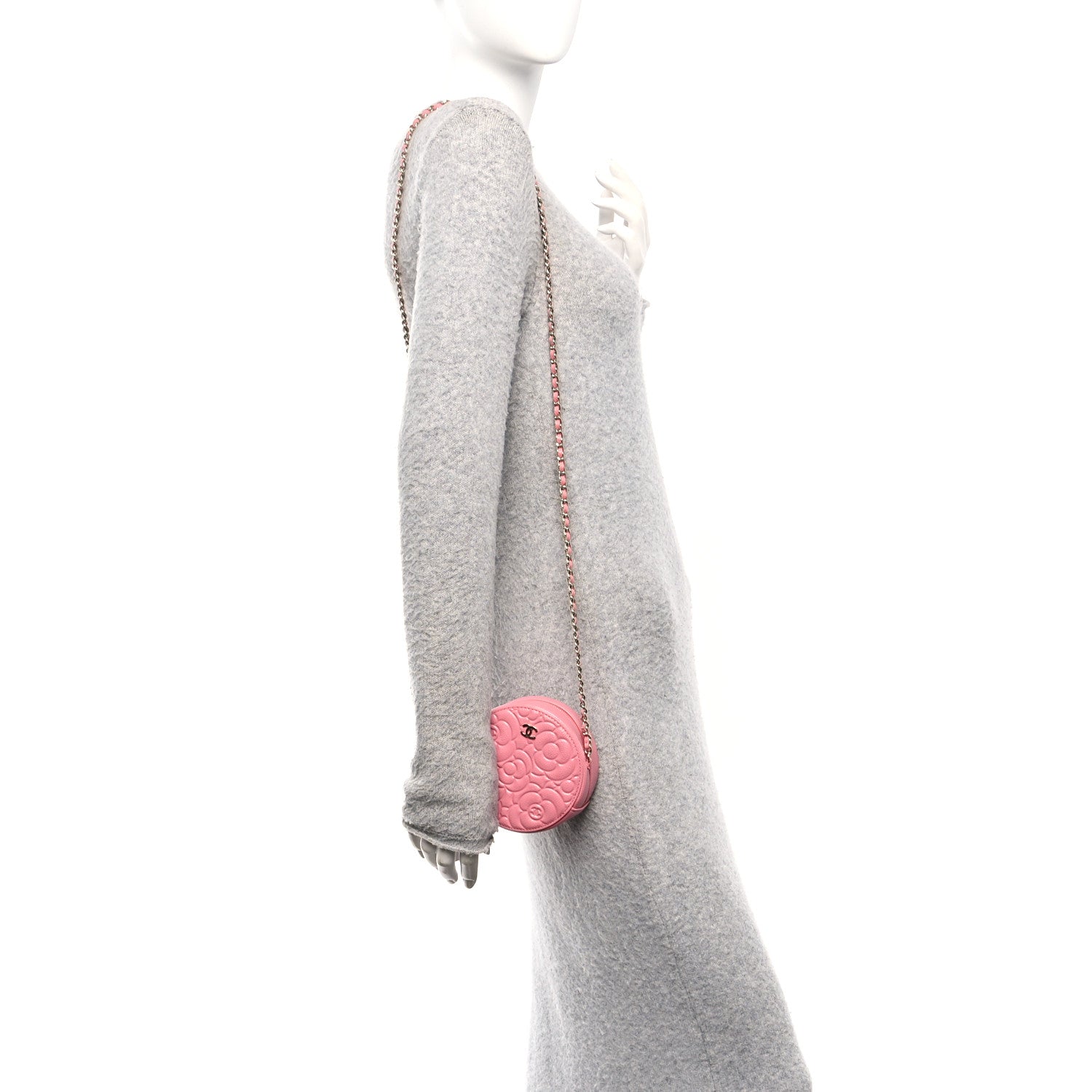 Chanel Caviar Camellia Embossed Round Clutch With Chain Pink