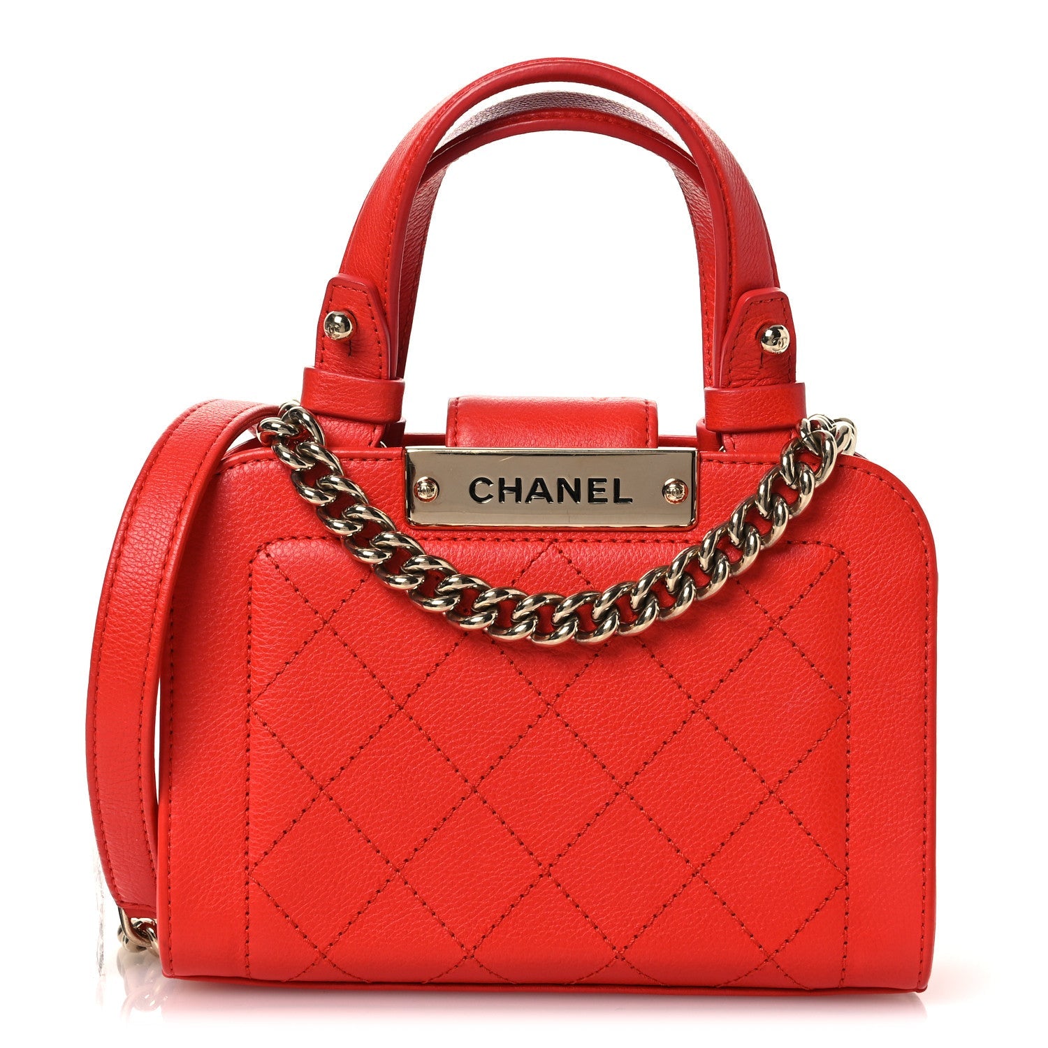Chanel Grained Calfskin Stitched Mini Label Click Shopper Tote Red