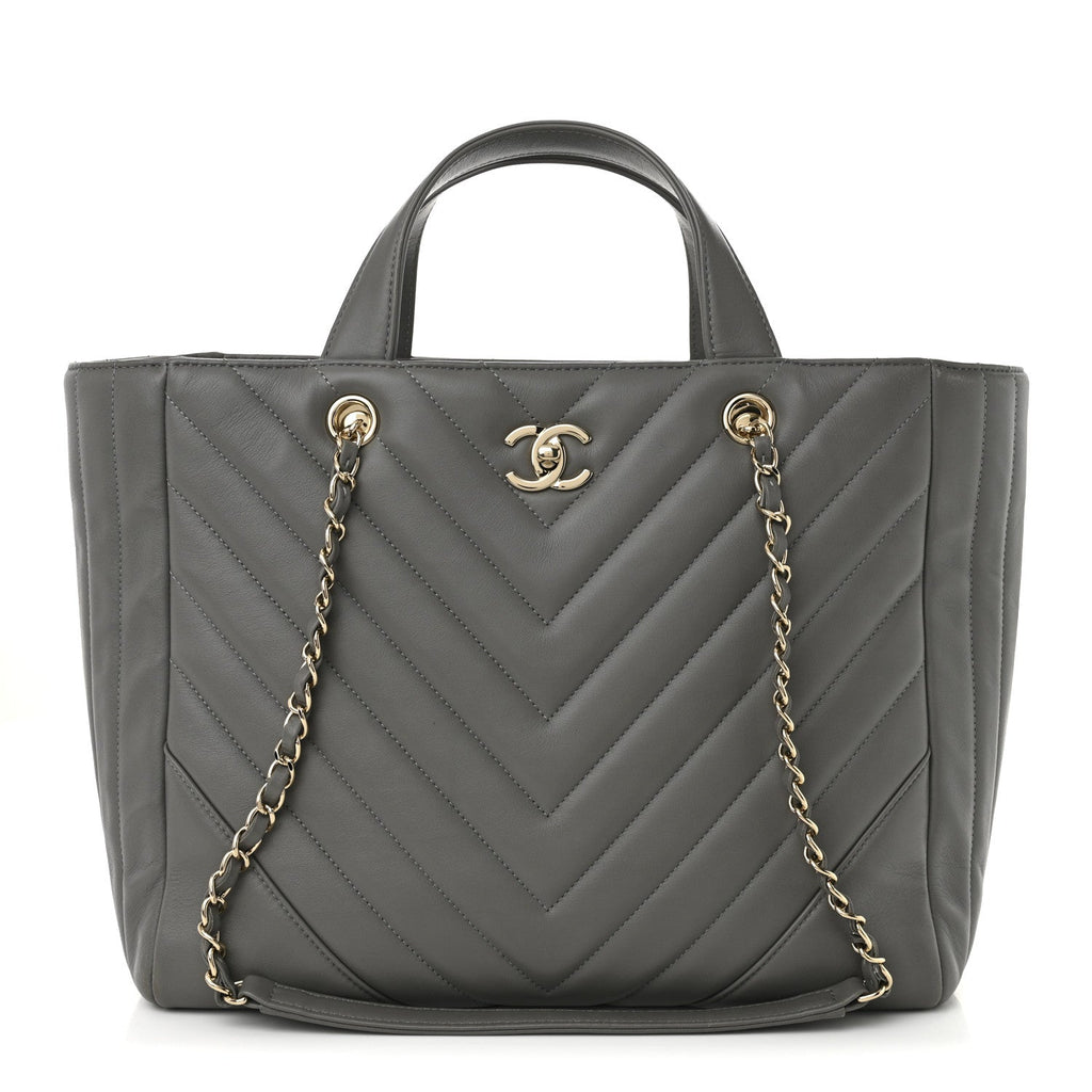 Chanel Calfskin Chevron Quilted Statement Shopping Tote Grey
