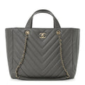 Chanel Calfskin Chevron Quilted Statement Shopping Tote Grey