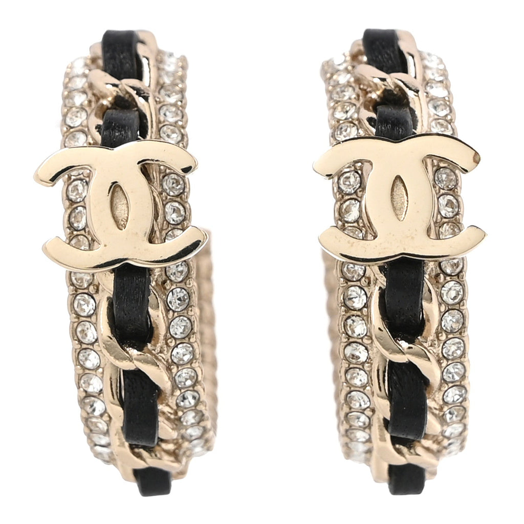Lambskin Crystal Chain Chanel Strass CC Earrings Black Gold
