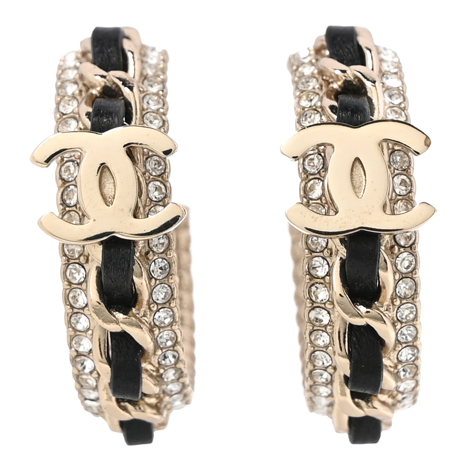 Lambskin Crystal Chain Chanel Strass CC Earrings Black Gold