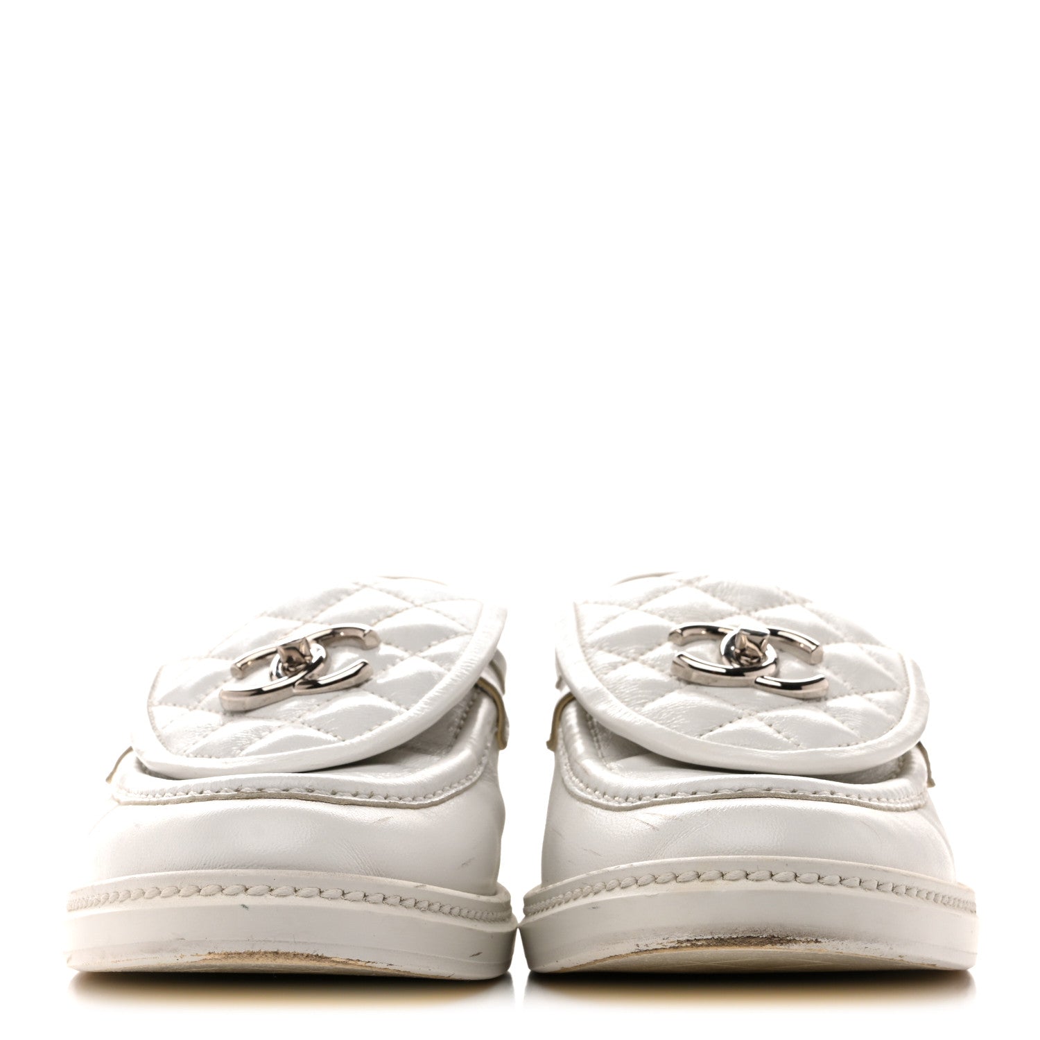 Chanel Shiny Lambskin Quilted CC Turnlock Loafers 40 White