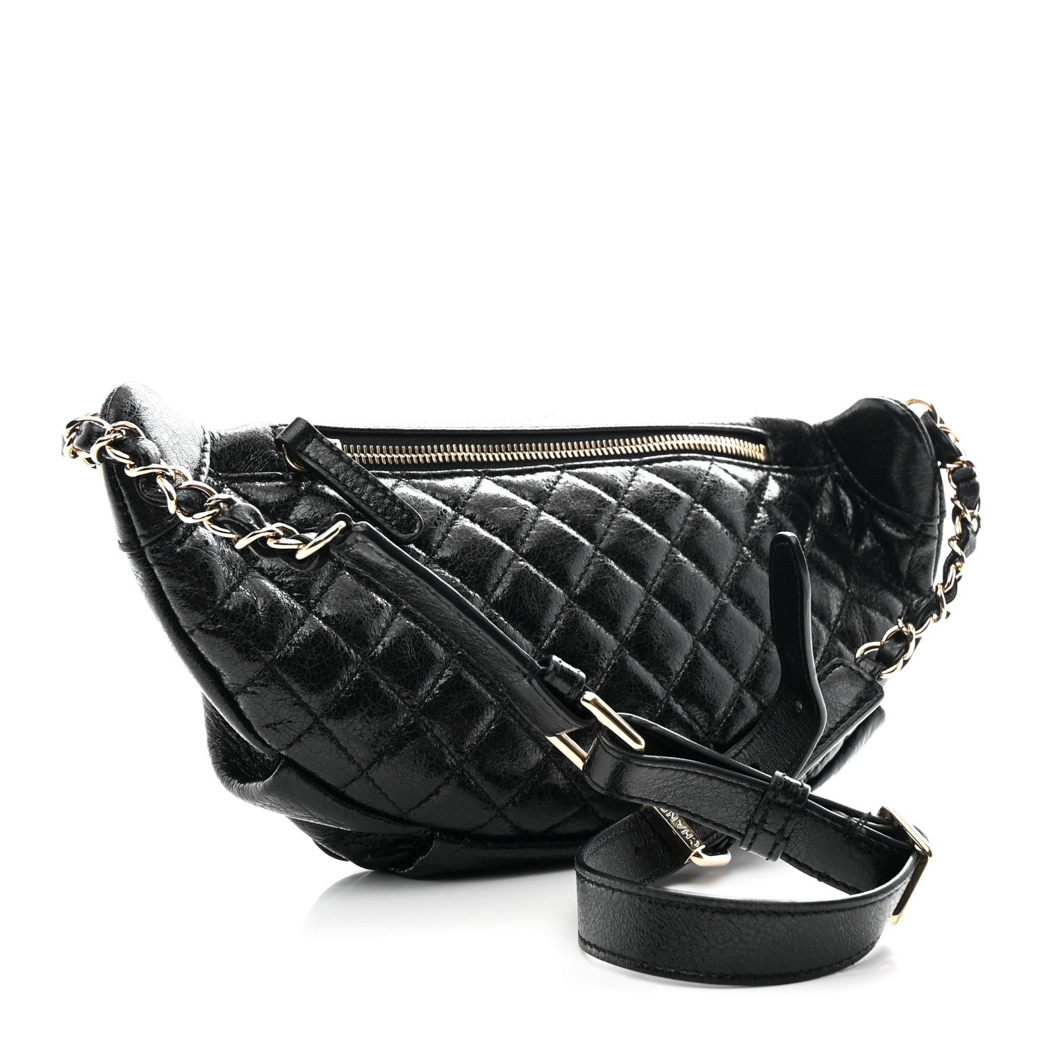 Chanel Crumpled Glazed Lambskin Quilted Waist Bag Fanny Pack Black