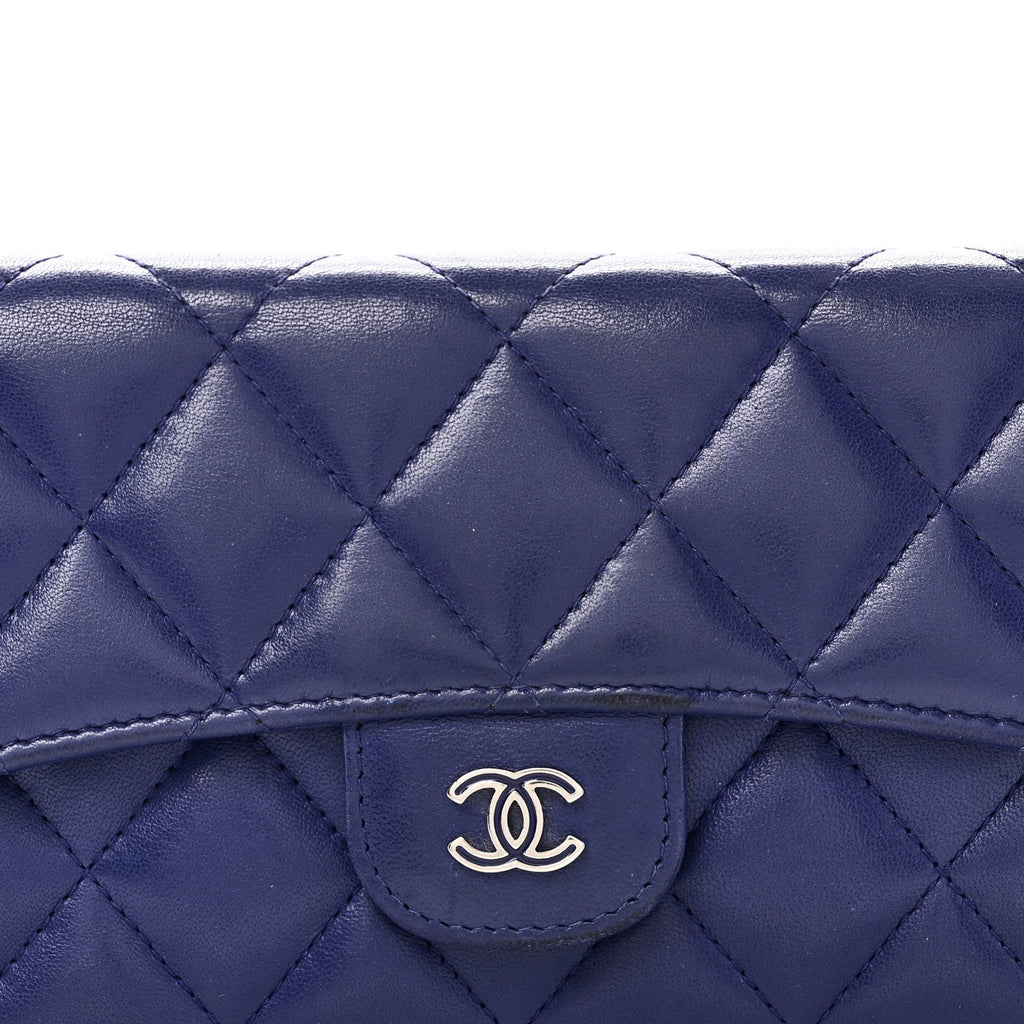 Lambskin Quilted Large Flap Wallet Blue