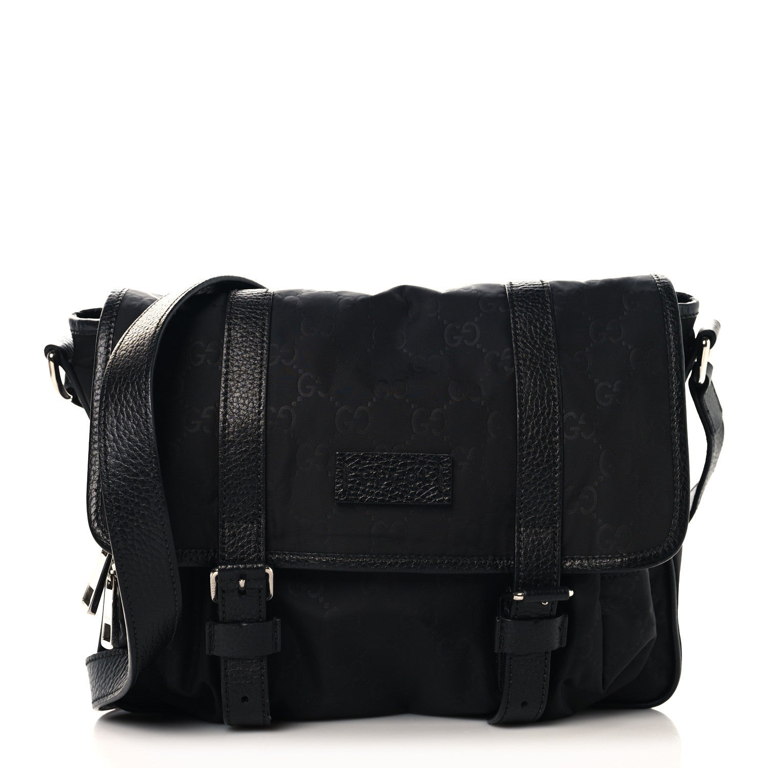 Gucci Nylon Monogram Double Buckle Flap Messenger Bag Black