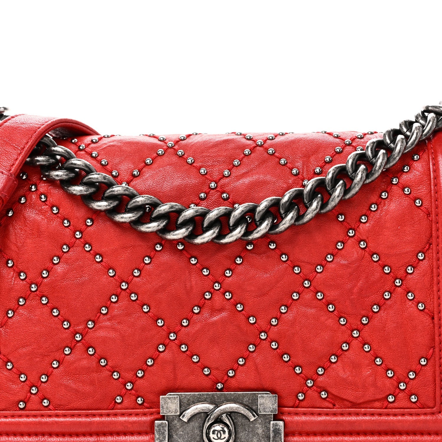 Chanel Crumpled Lambskin Small Studded Boy Flap Red