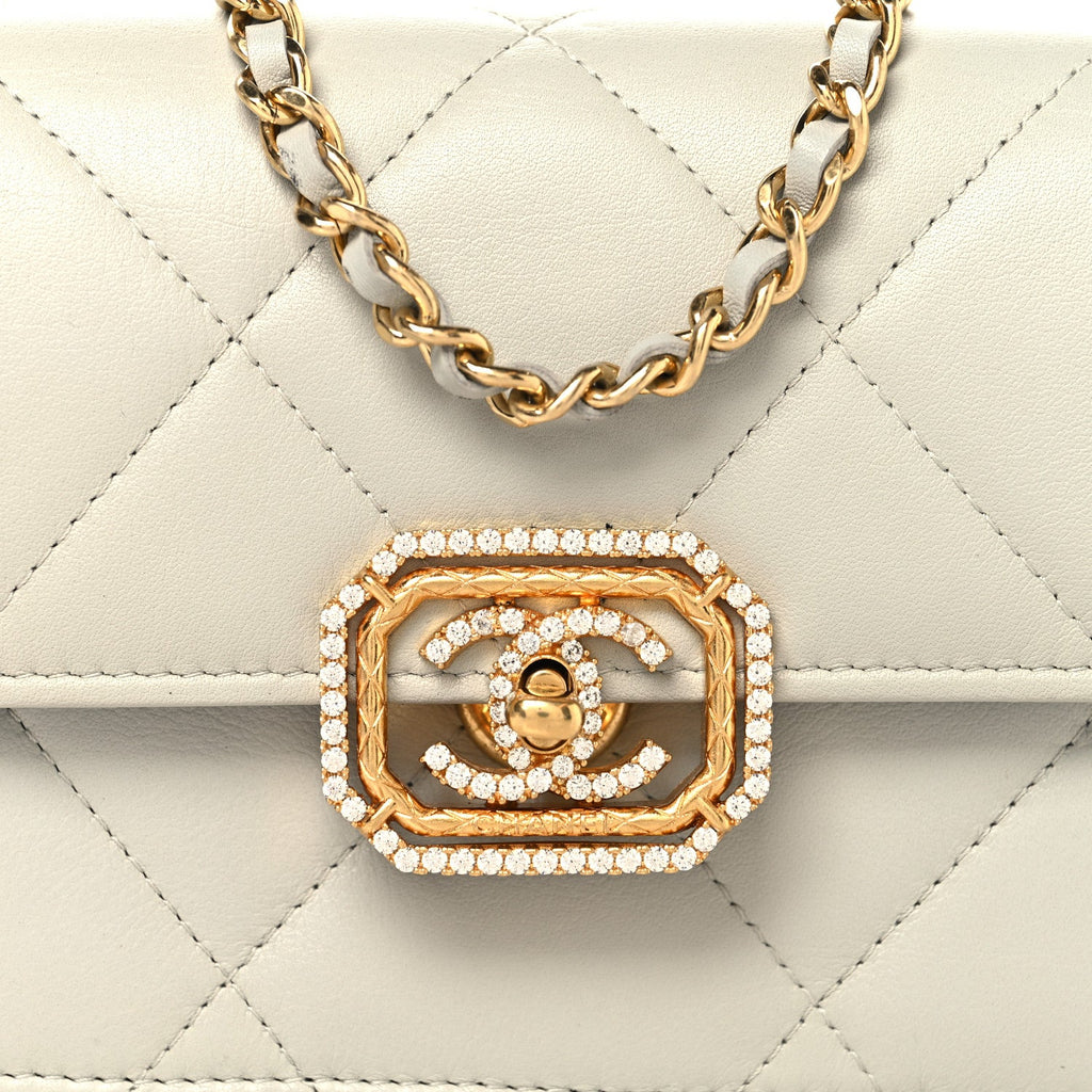 Chanel Calfskin Strass Quilted Clutch With Chain Flap Light Grey