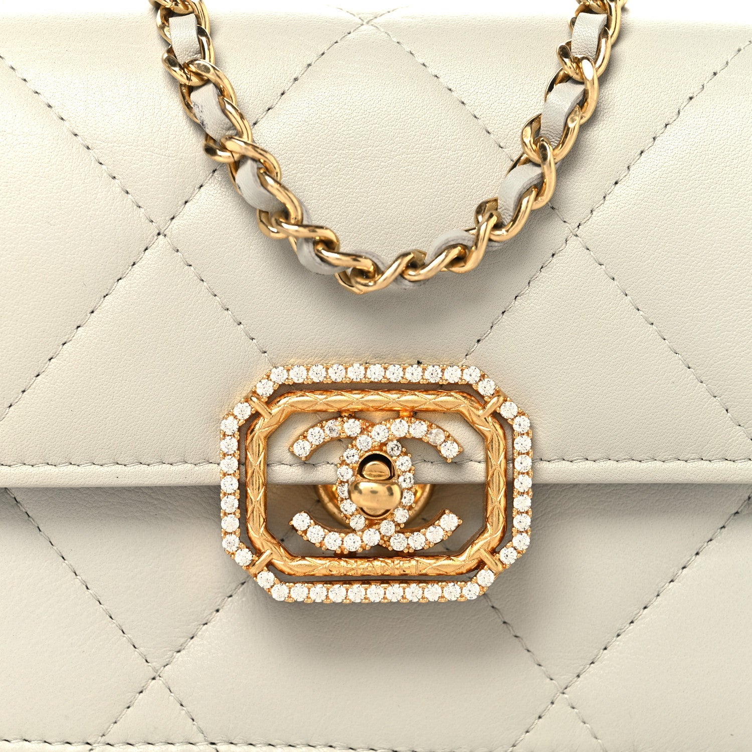 Chanel Calfskin Strass Quilted Clutch With Chain Flap Light Grey