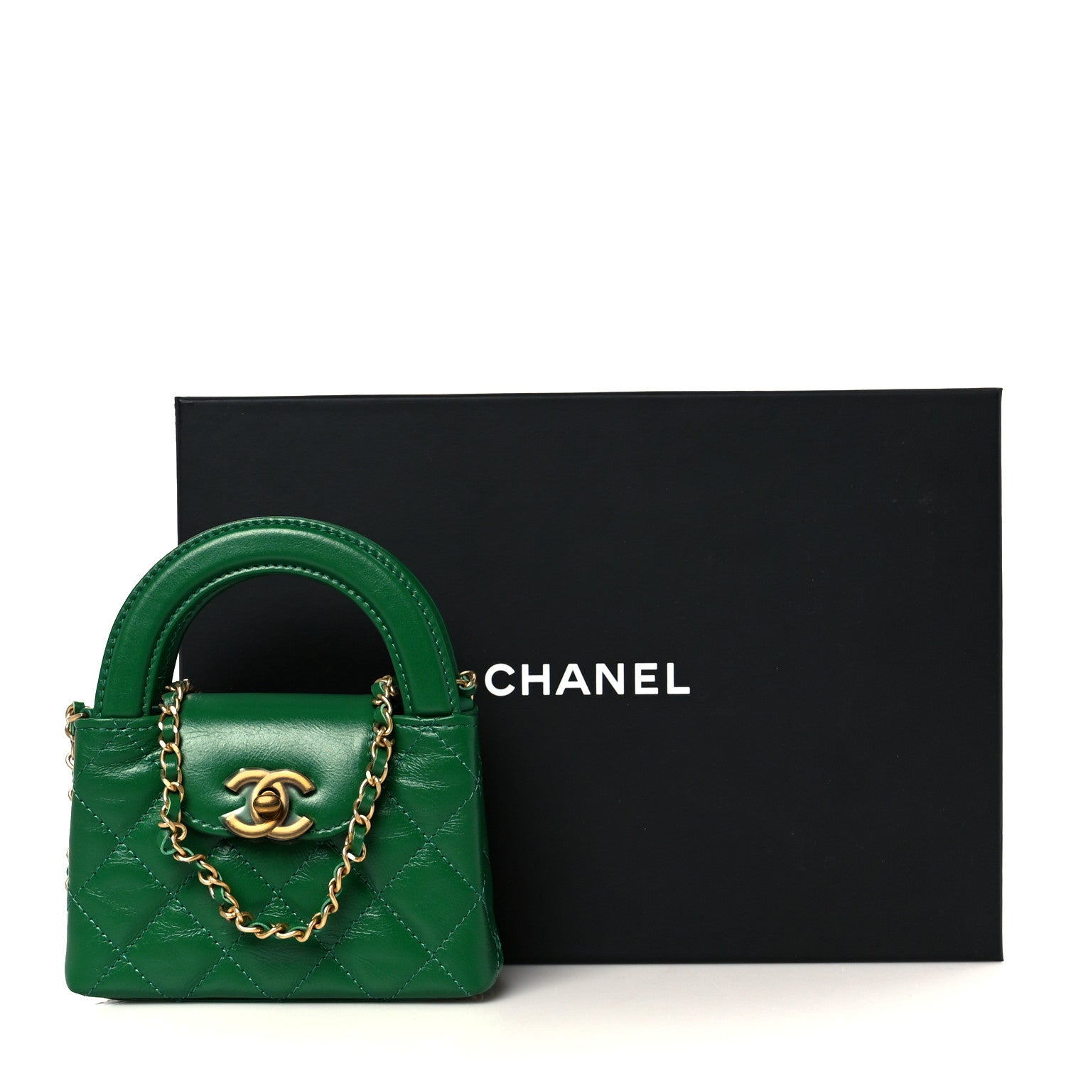 Chanel Shiny Aged Calfskin Quilted Mini Nano Kelly Shopper Green