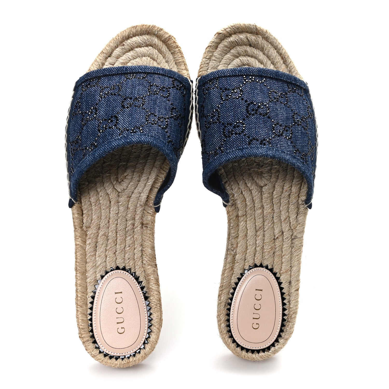 Gucci Denim Crystals GG Monogram Espadrille 20mm Slide Sandals 39 Denim
