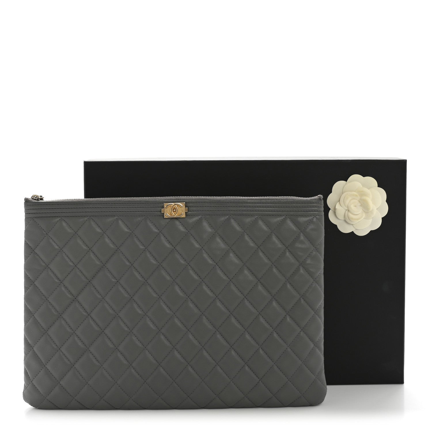 Lambskin Quilted Large Boy Zip Pouch Grey