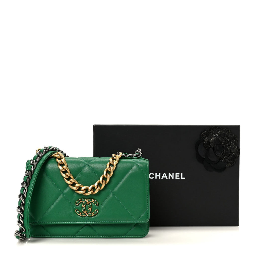 Chanel Lambskin Quilted Chanel 19 Wallet On Chain WOC Green