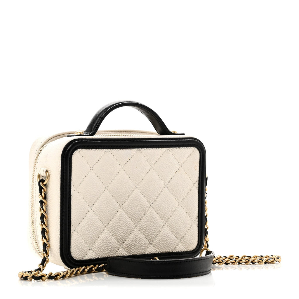 Chanel Caviar Quilted Small CC Filigree Vanity Case White Black